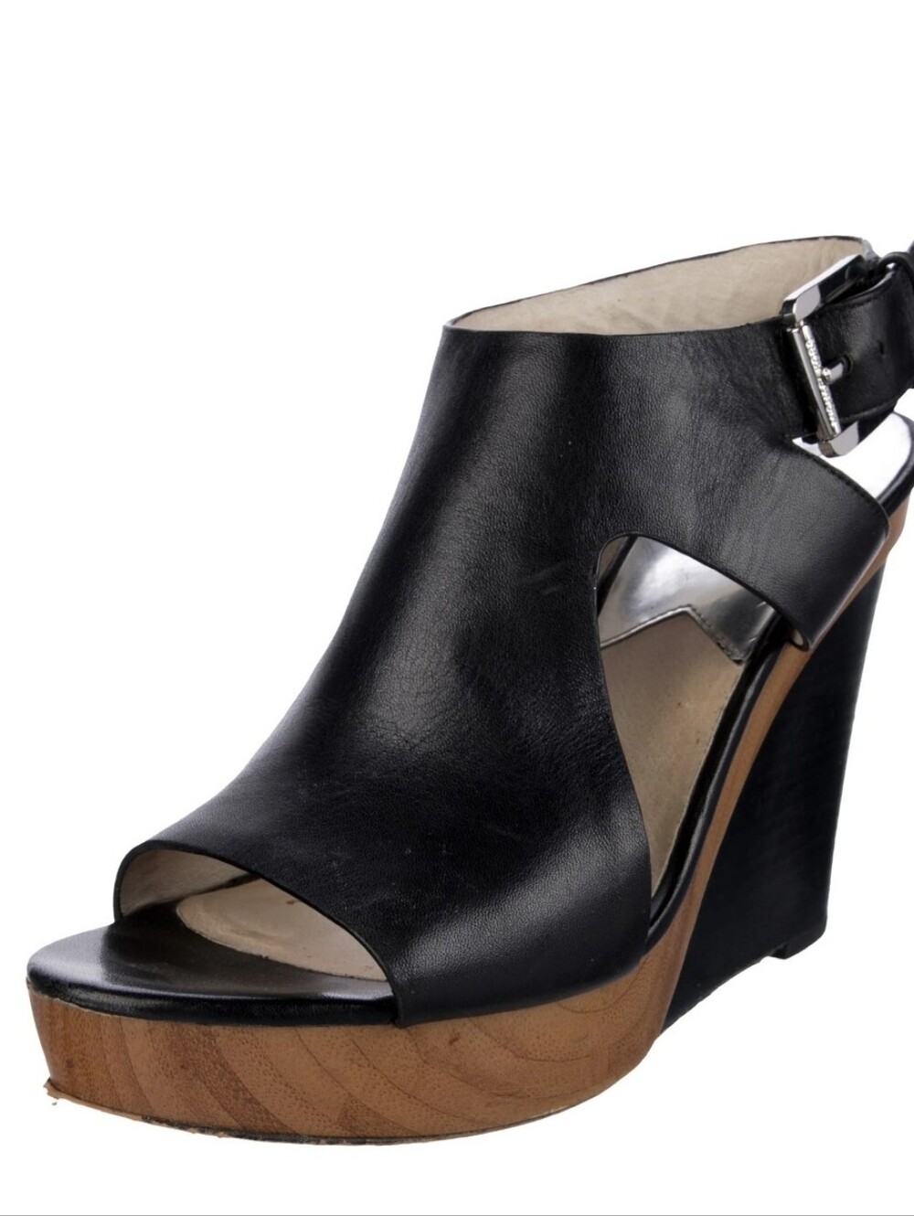 MICHAEL KORS Black Leather Wedge Sandals with Wood Platform Sz 9.5M